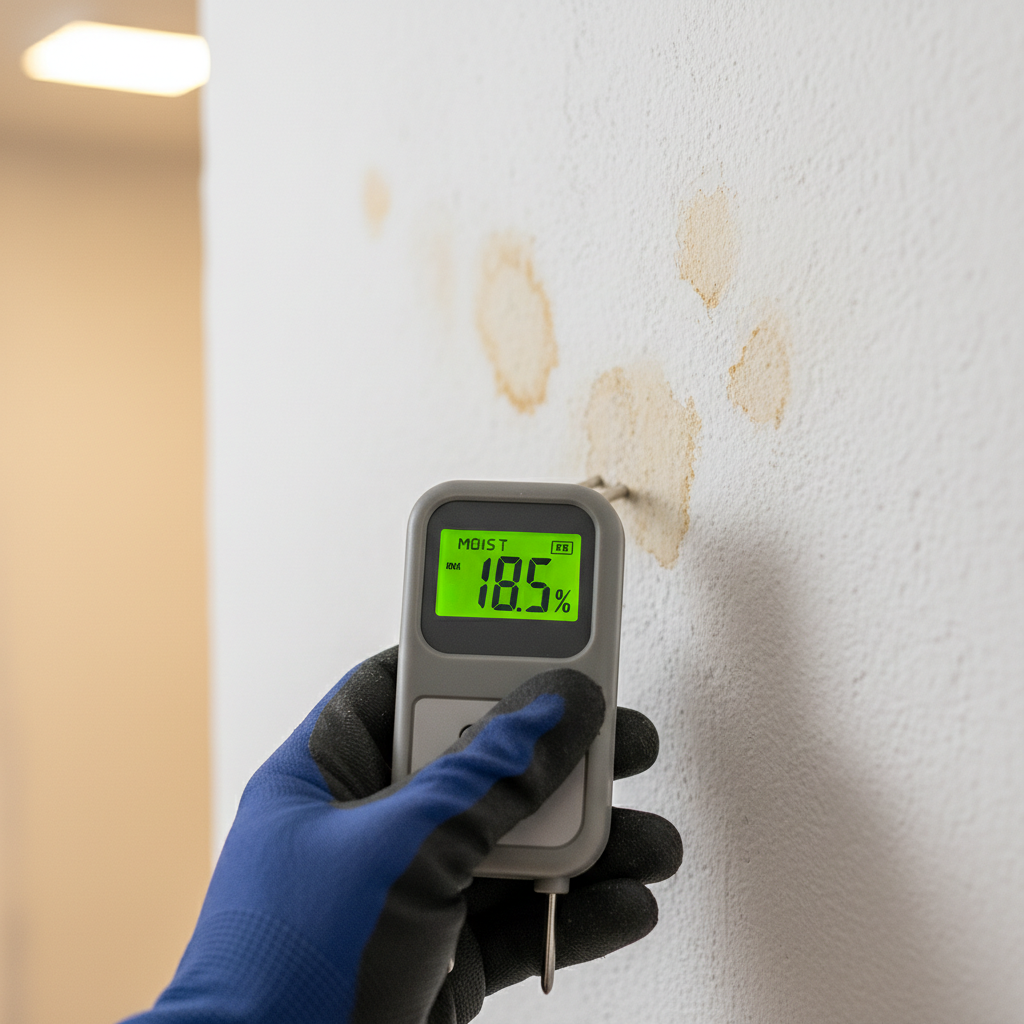 Vochtmeter met display tegen witte pleistermuur gehouden