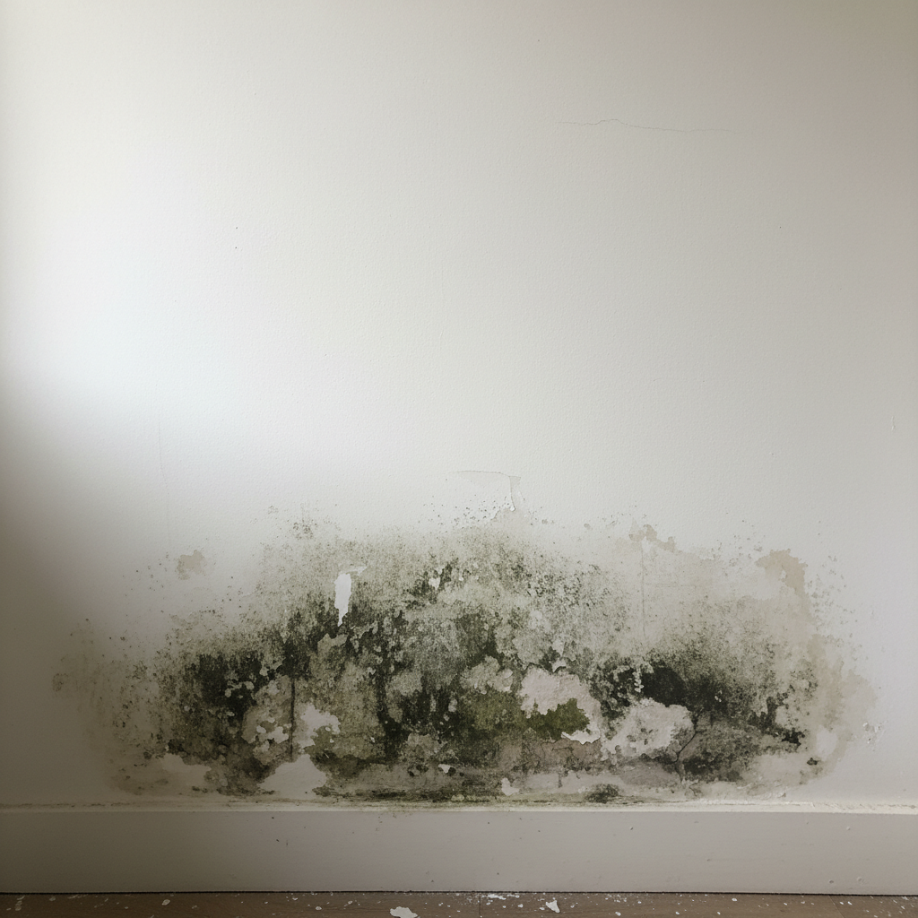 Muur met vochtpatroon onderin en droog bovenin