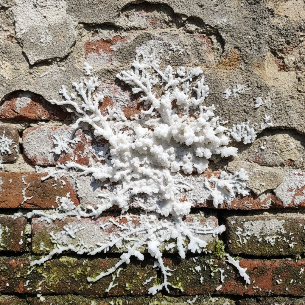 Witte kristallijne zoutuitbloei op muuroppervlak