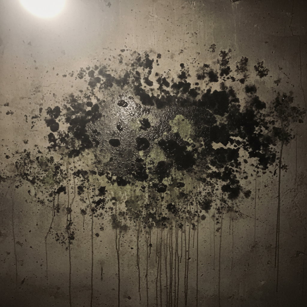 Donkere schimmelgroei op een betonnen keldermuur