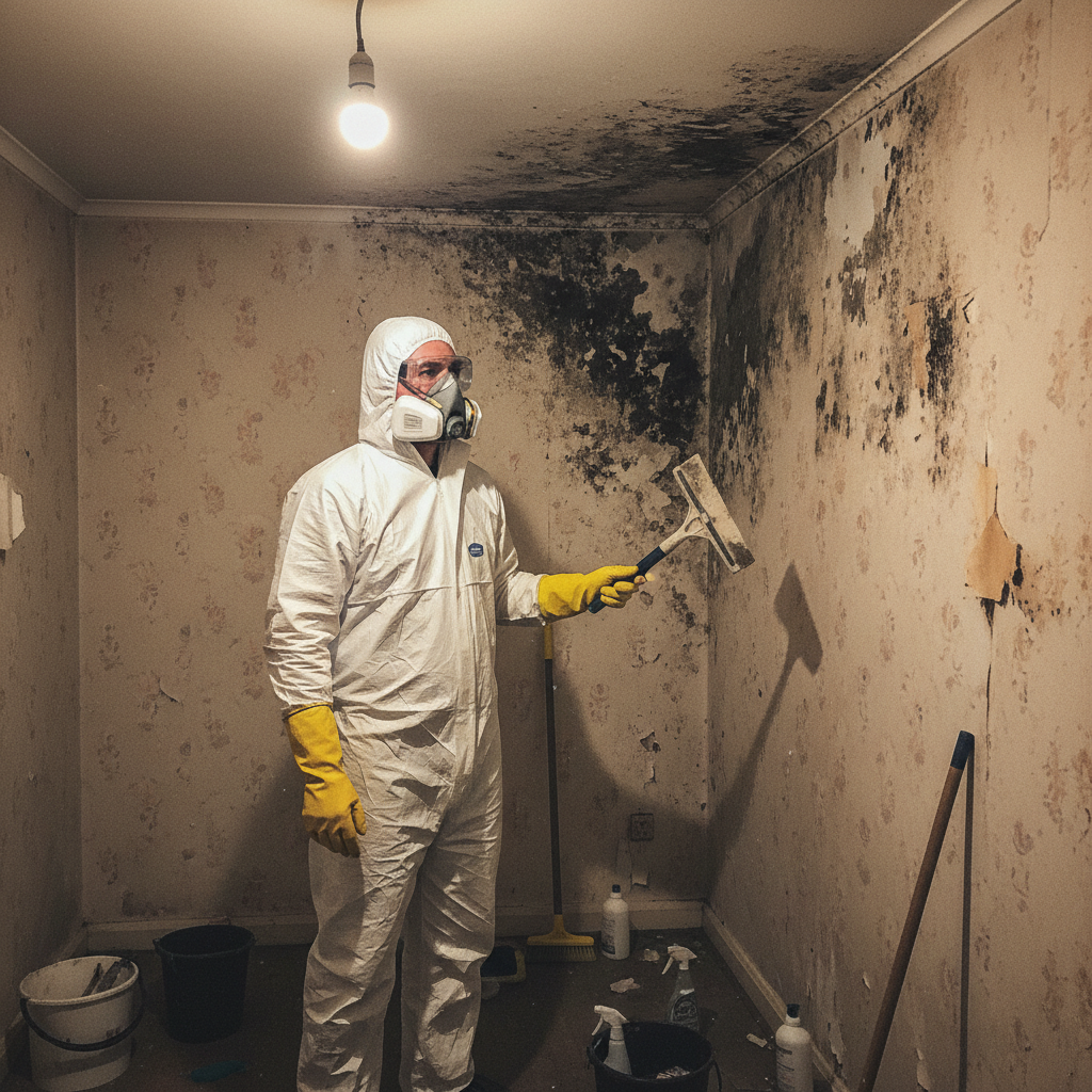 Persoon in beschermende kleding met FFP3 masker en handschoenen