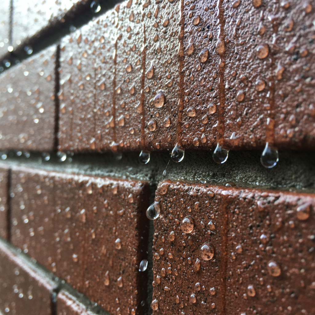 Waterdruppels die parelen op een bakstenen muur door hydrofuge