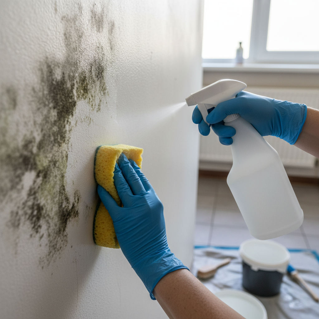 Iemand behandelt schimmel op muur met spray en spons