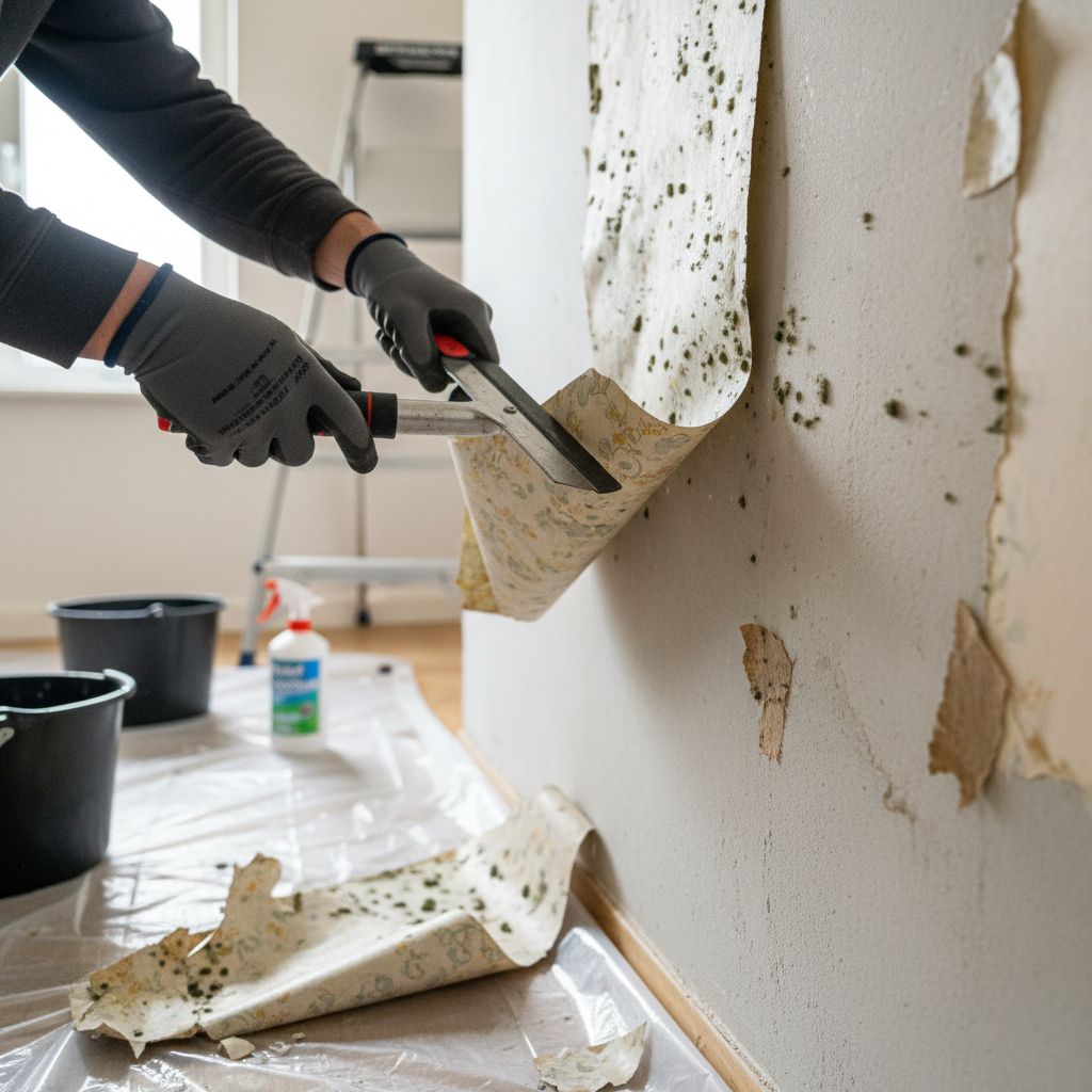 Beschimmeld behang wordt van muur verwijderd