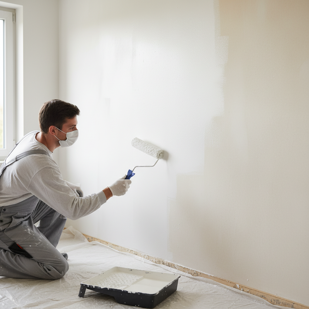Iemand brengt anti-schimmelprimer aan op behandelde muur