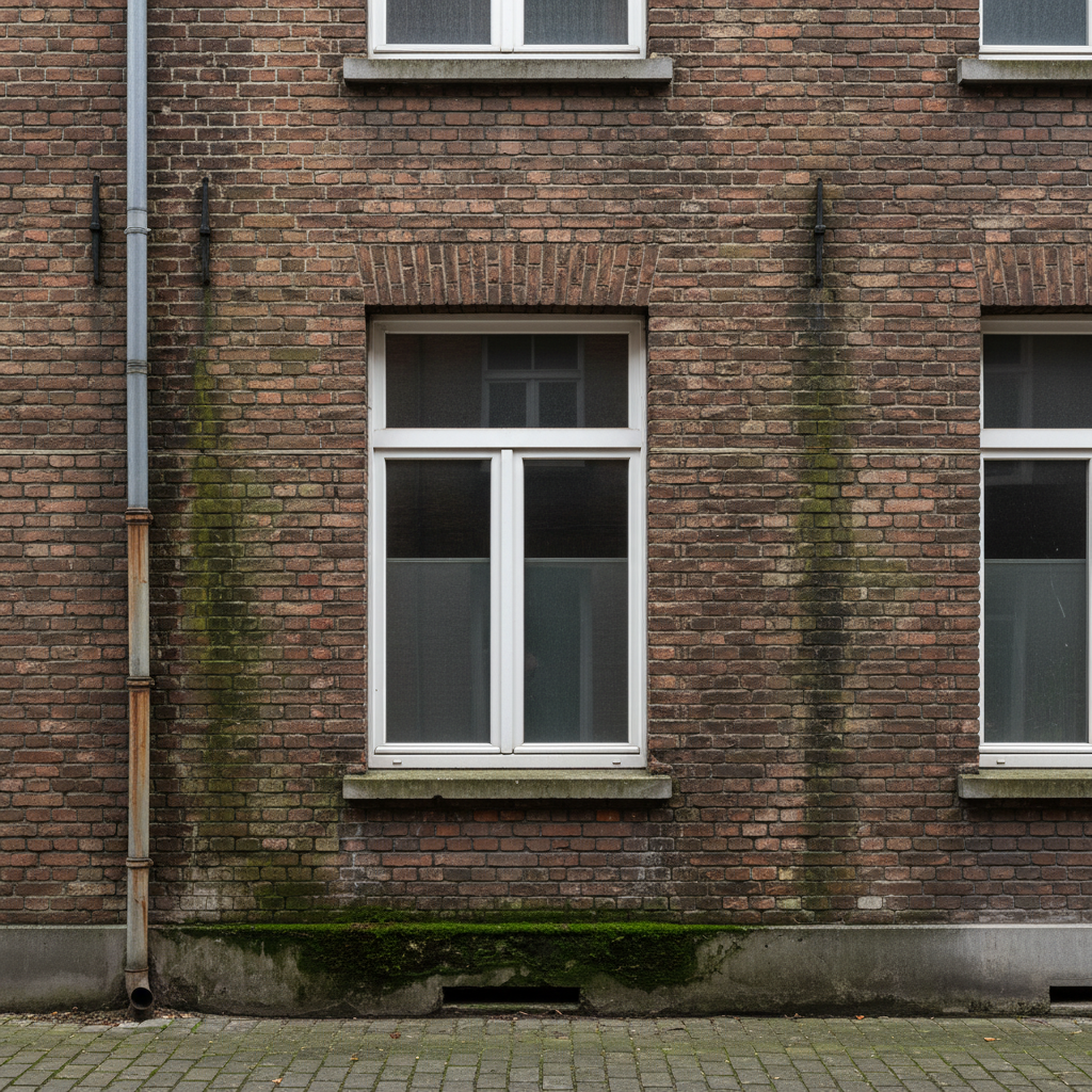 Vuile bakstenen gevel met groene aanslag en vervuiling