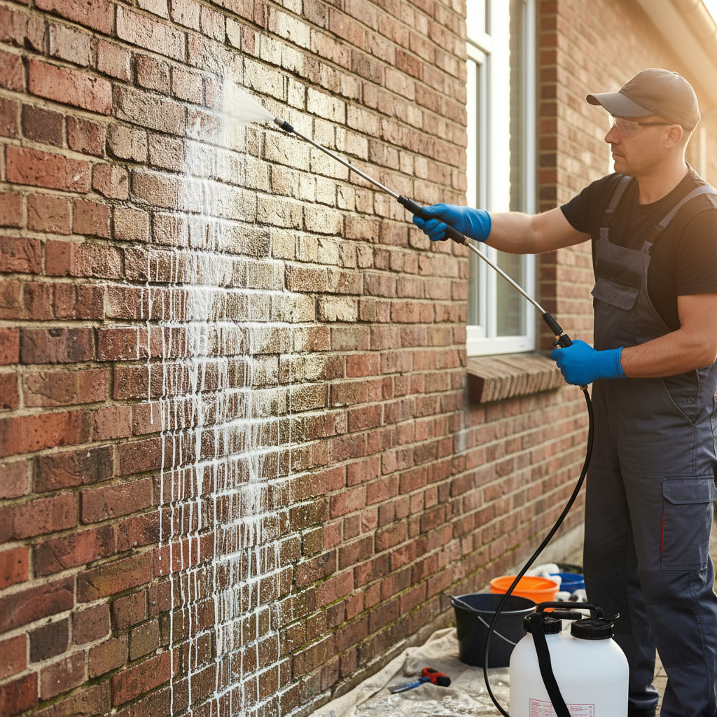 Iemand brengt gevelreiniger aan op muur met spuit