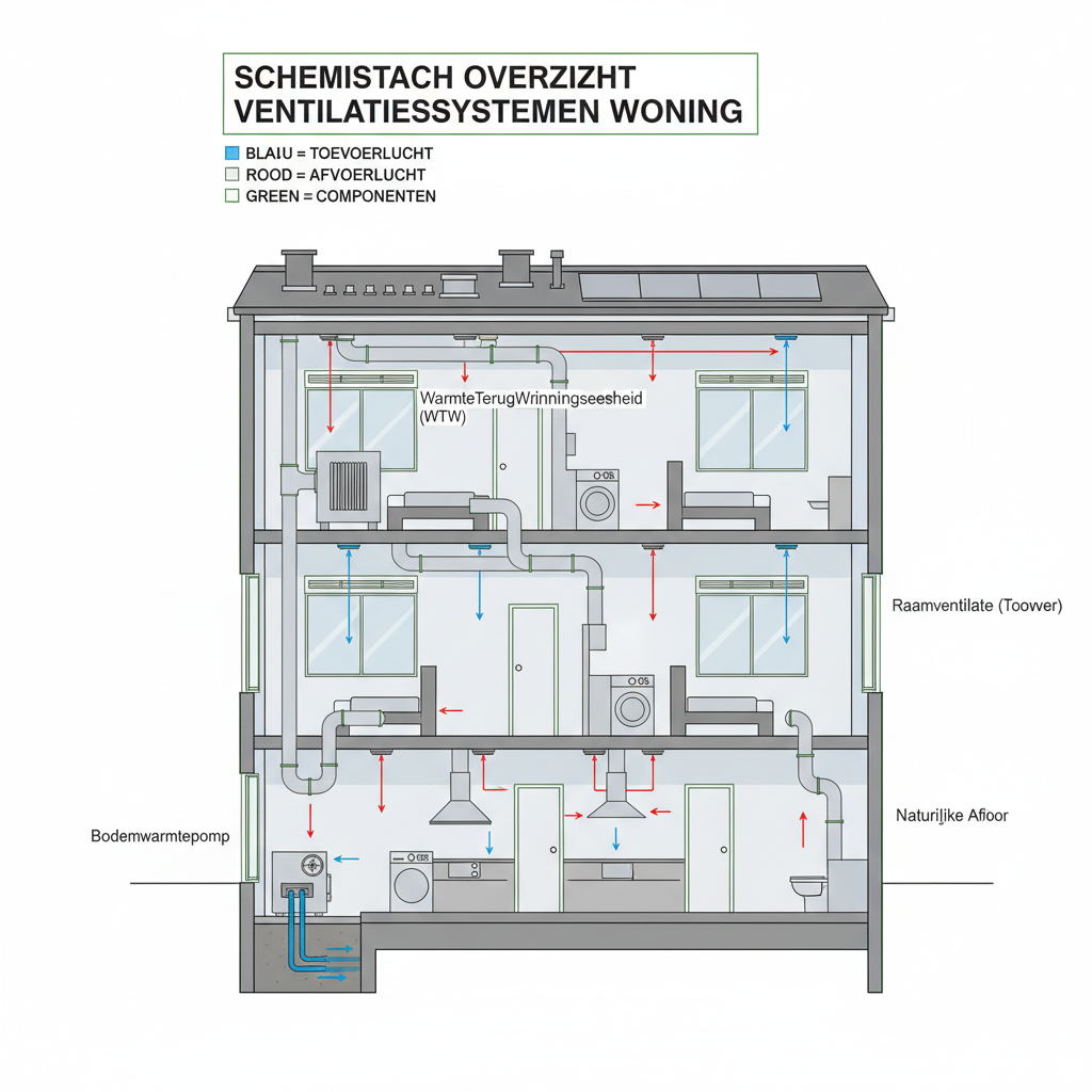 Schematisch overzicht van ventilatiesystemen in een woning