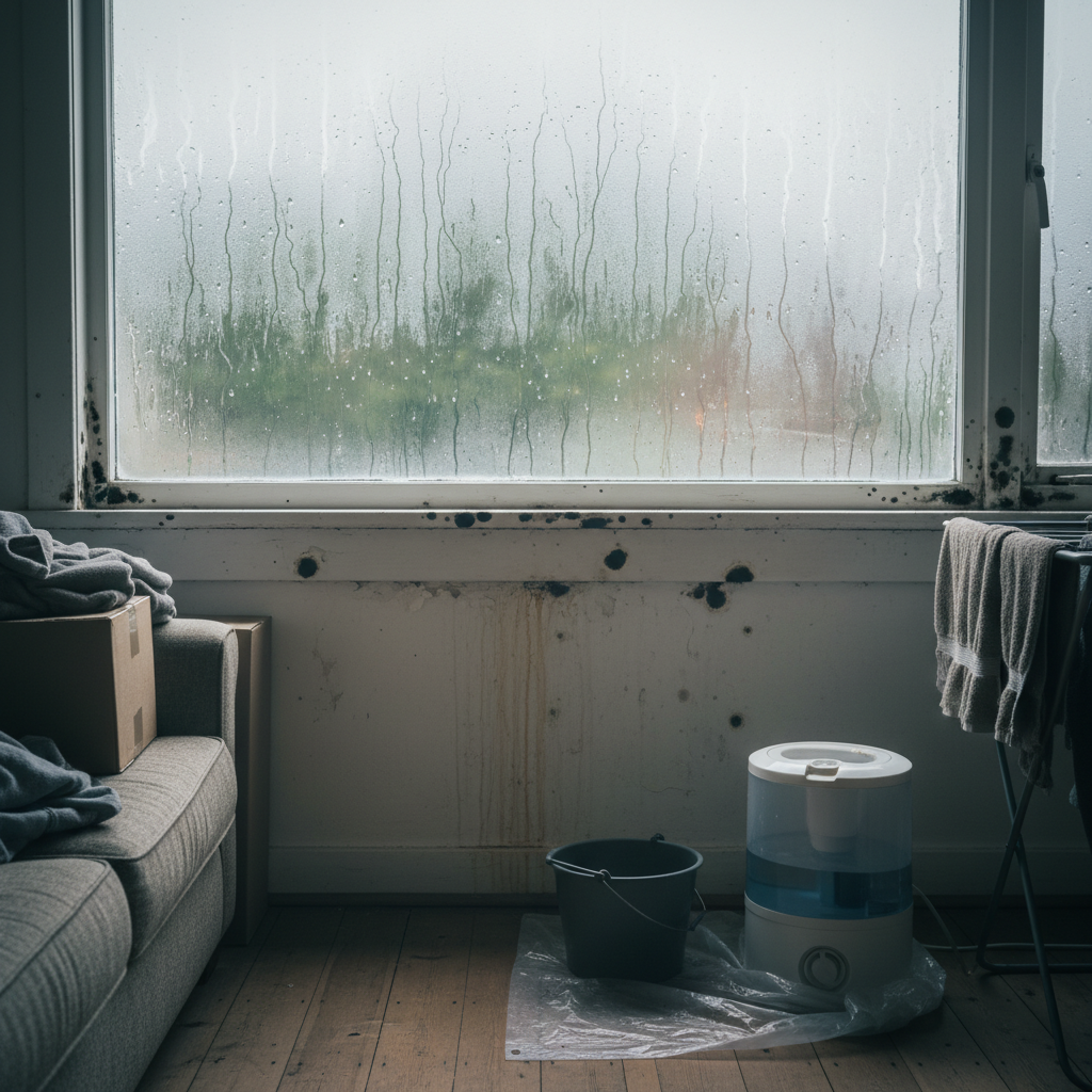 Condensatie op een raam als teken van vochtproblemen